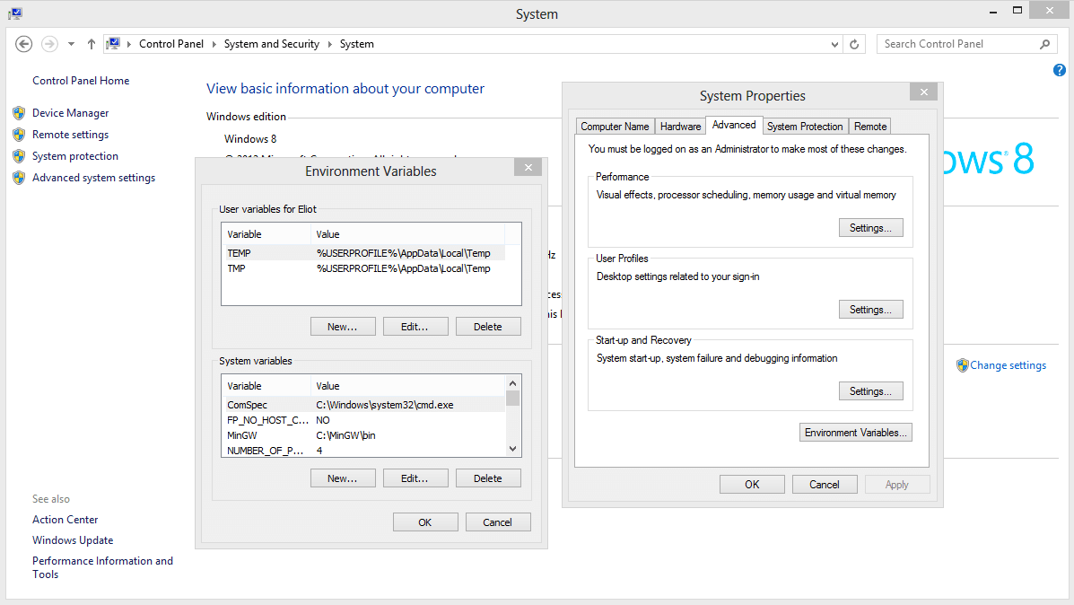 The environment variable dialog box