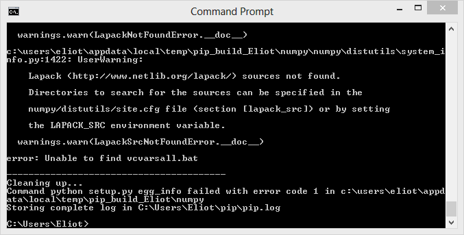 pip install fails due to vcvarsall.bat