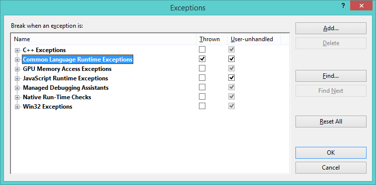 Break on All Exceptions by ticking the box