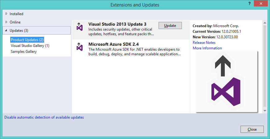 Screenshot of updating Visual Studio 2013 data tools